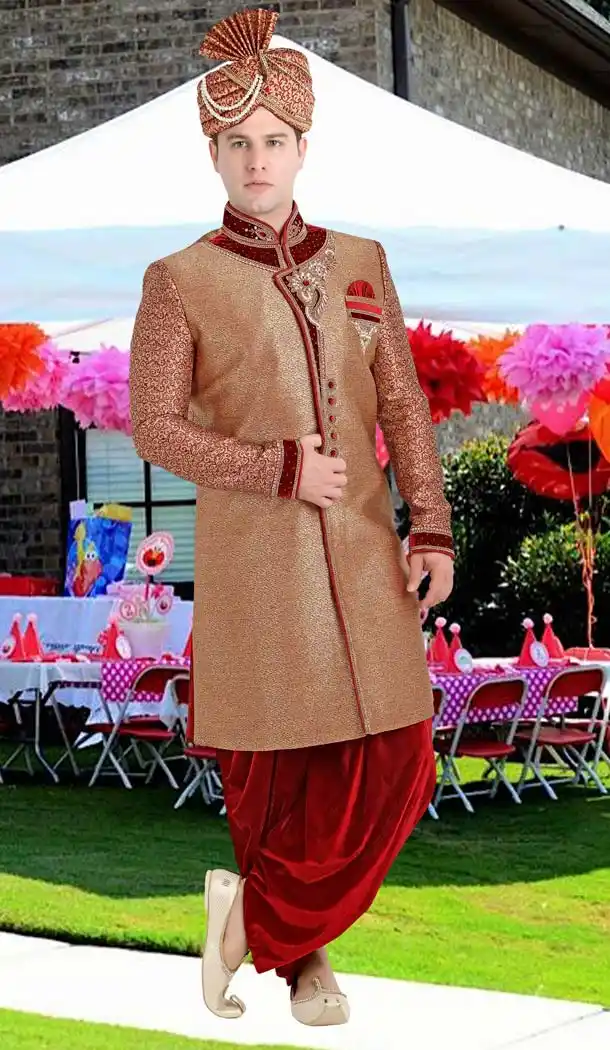 Tan Brown Color Brocade Jamawar Designer Wedding Men Sherwani | FH565684139