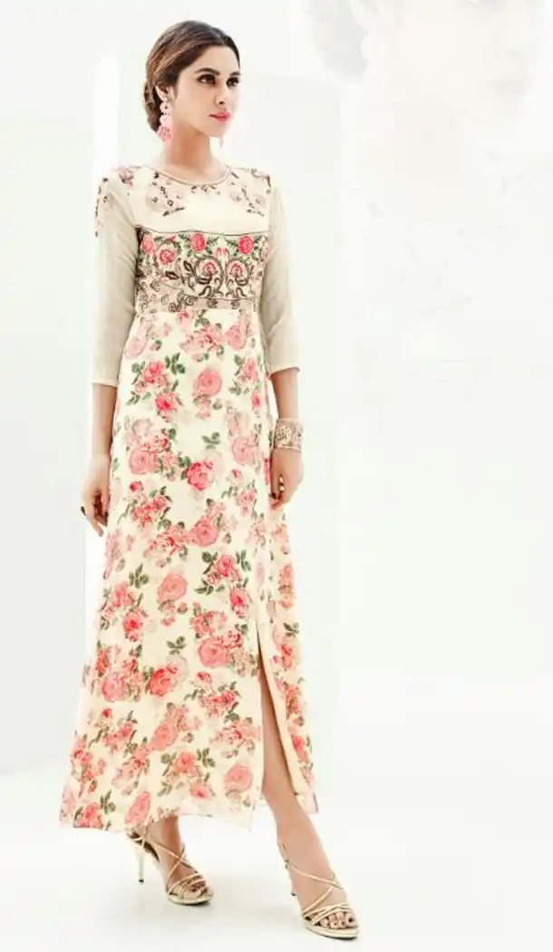 Cream Color Georgette Achkan Style Summer Readymade Kurta | FH565784146