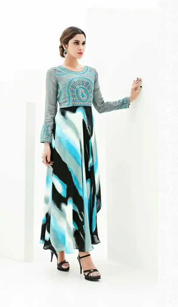 Slate Grey Color Georgette Achkan Style Summer Readymade Kurta | FH565784147