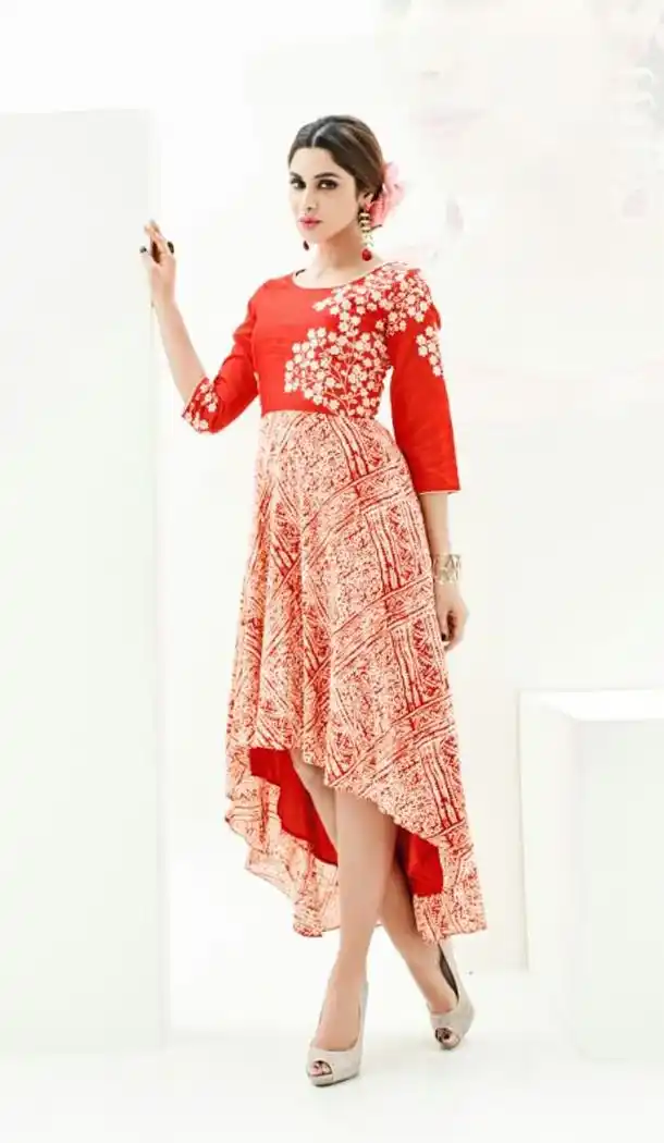 Red Color Silk Wrap Style Summer Readymade Kurta | FH565784150