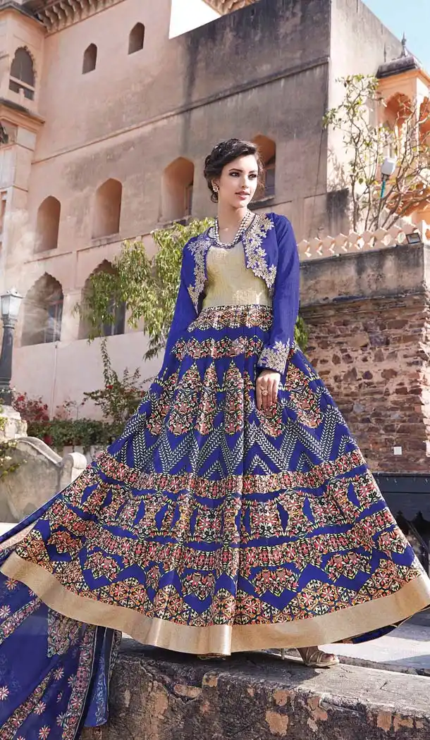 Long Pakistani Style Blue Color Silk Eid Festive Anarkali Salwar Kameez | FH567184291