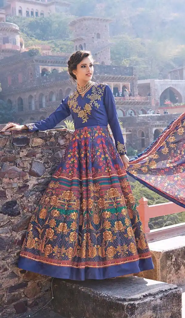 Long Pakistani Style Blue Color Silk Eid Festive Anarkali Salwar Kameez | FH567184293