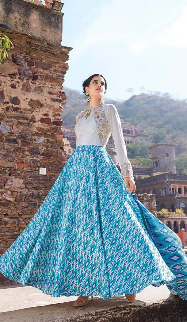 Long Pakistani Style Sky Blue Color Silk Eid Festive Anarkali Salwar Kameez | FH567184294