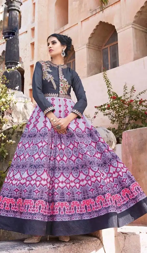 Long Pakistani Style Grey Color Silk Eid Festive Anarkali Salwar Kameez | FH567184296