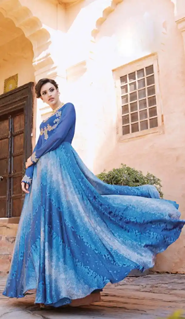 Long Pakistani Style Blue Color Silk Eid Festive Anarkali Salwar Kameez | FH567184297