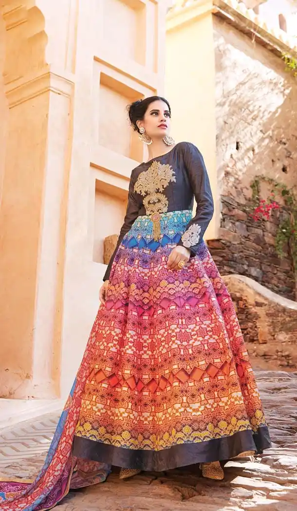 Long Pakistani Style Blue Color Silk Eid Festive Anarkali Salwar Kameez | FH567184298