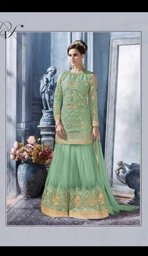 Mint Green Color Net Embroidery Pakistani Style Designer Palazzo Short Kameez | FH567484324