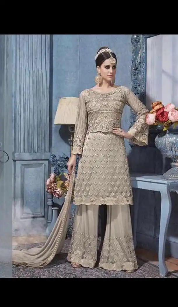 Grey Color Net Embroidery Pakistani Style Designer Palazzo Short Kameez | FH567484325