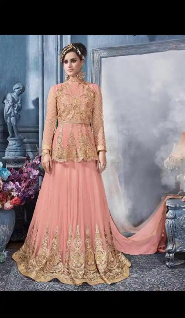 Salmon Color Net Embroidery Pakistani Style Designer Lehenga Short Kameez | FH567484327