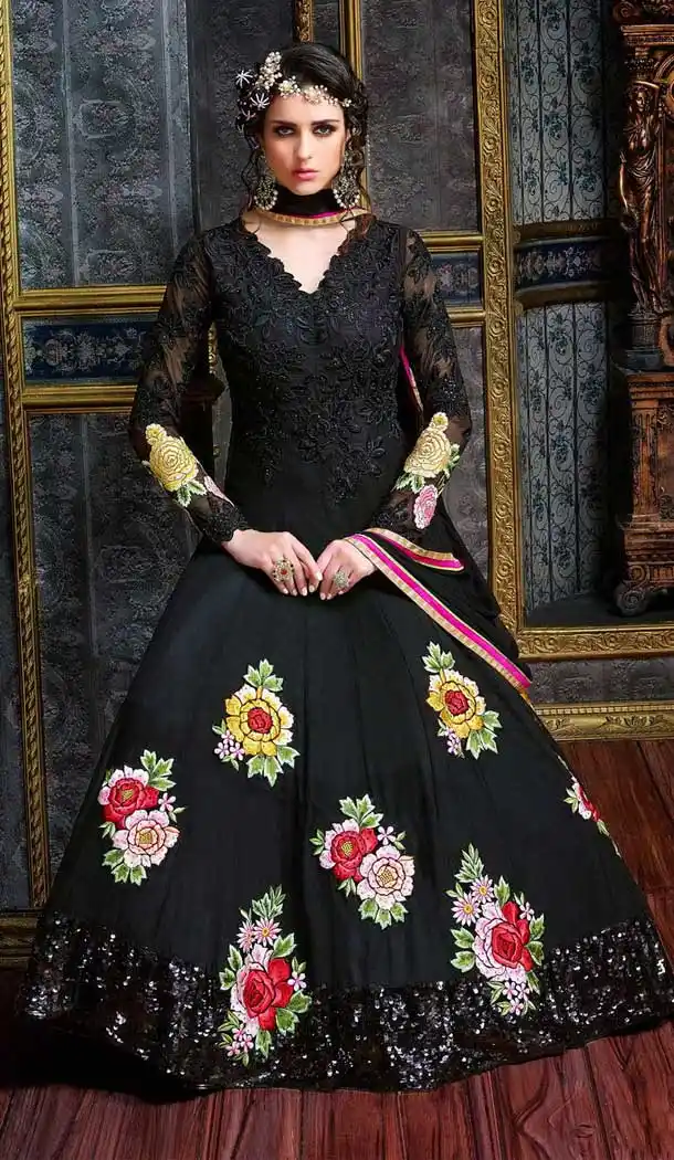 Black Color Georgette Long Anarkli Style Pakistani Salwar Kameez | FH568684442