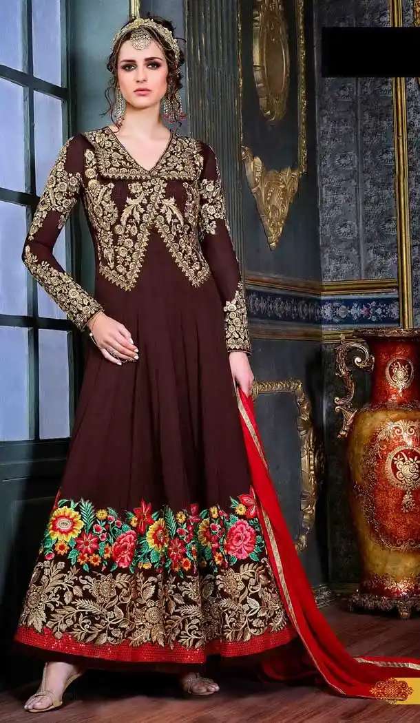 Maroon Color Georgette Long Anarkli Style Pakistani Salwar Kameez | FH568684445