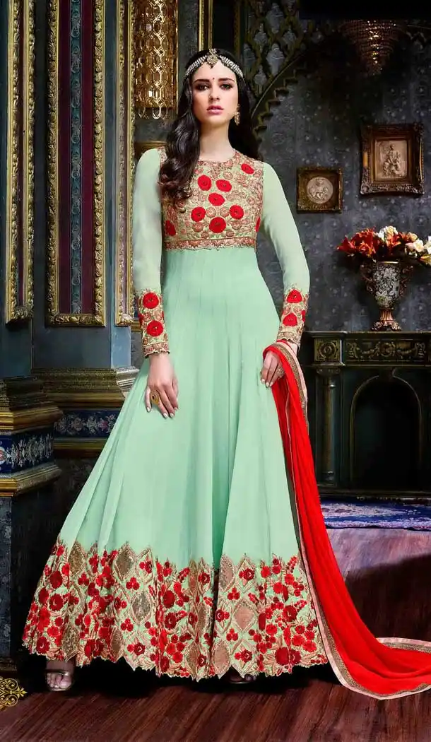 Aloe Vera Green Color Georgette Long Anarkli Style Pakistani Salwar Kameez | FH568684446