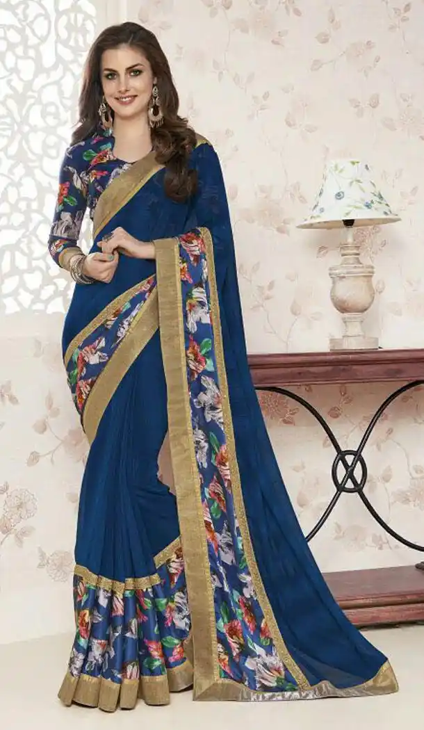 Soft Chiffon Fabric Blue Color Lace Work Office and Casual Wear Saree | FH568784447