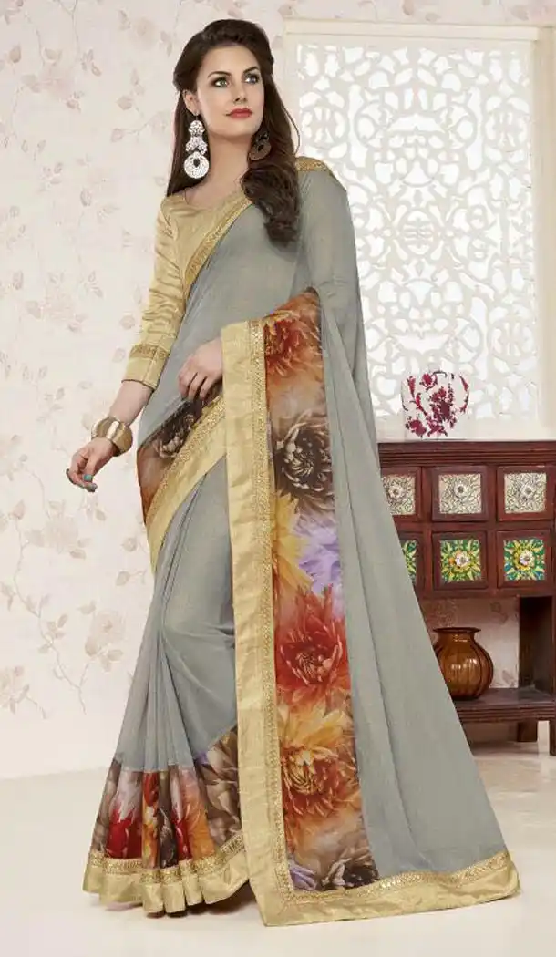 Soft Chiffon Fabric Grey Color Lace Work Office and Casual Wear Saree | FH568784448