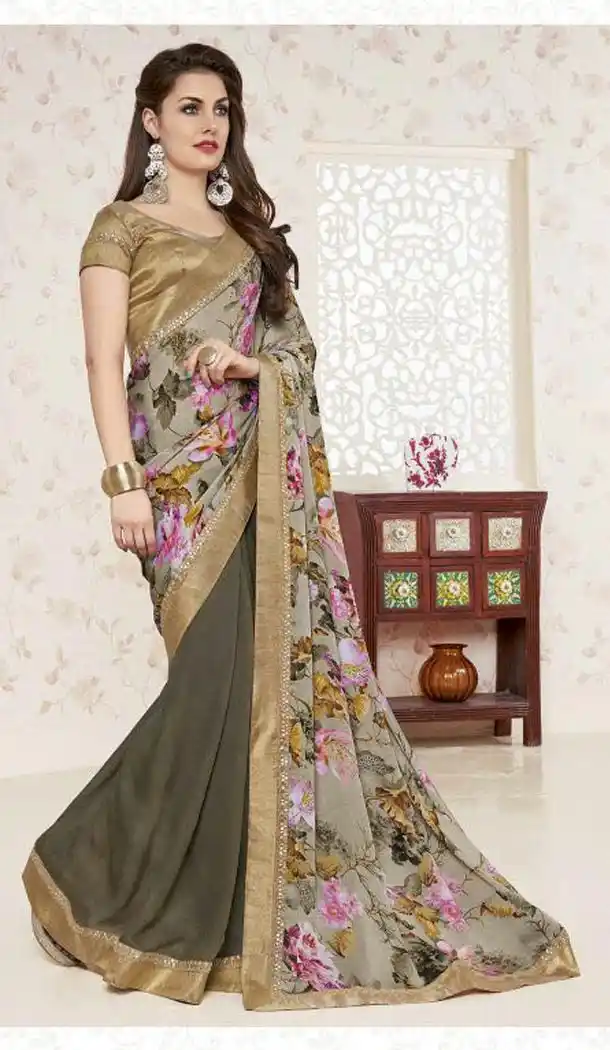 Soft Chiffon Fabric Dove Color Lace Work Office and Casual Wear Saree | FH568784449