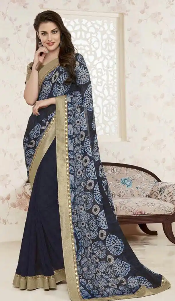 Soft Chiffon Fabric Blue Color Lace Work Office and Casual Wear Saree | FH568784451