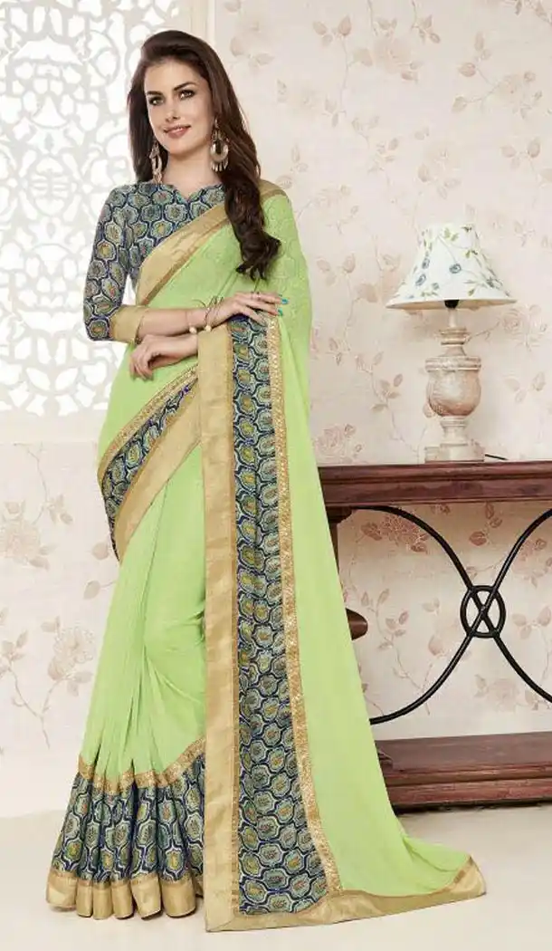 Soft Chiffon Fabric Mint Green Color Lace Work Office and Casual Wear Saree | FH568784452