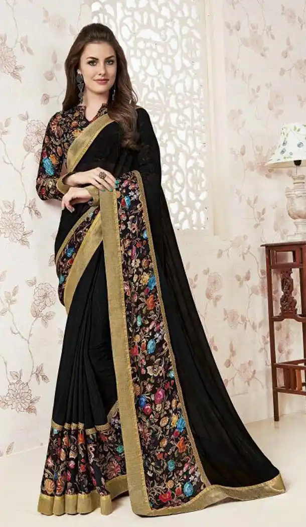 Soft Chiffon Fabric Black Color Lace Work Office and Casual Wear Saree | FH568784453