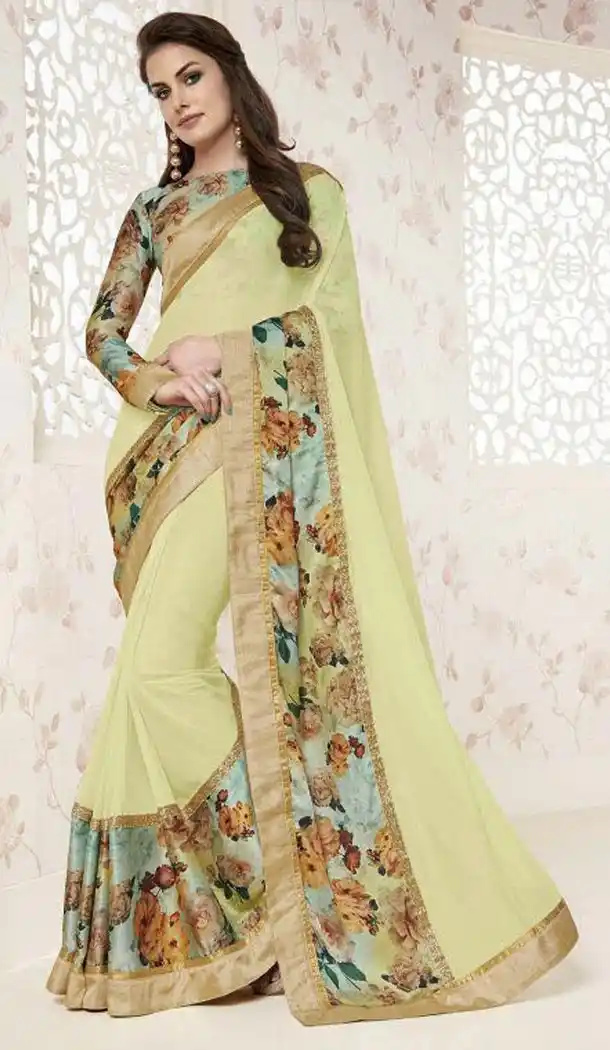 Soft Chiffon Fabric Yellow Color Lace Work Office and Casual Wear Saree | FH568784454
