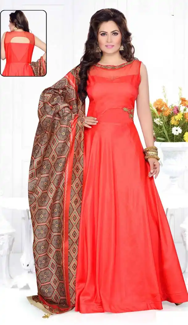 Red Color Raw Silk Embroidery Long Anarkali Readymade Dress | FH569184479