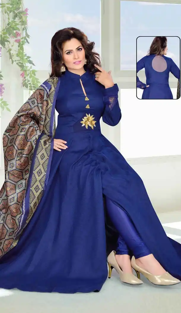 Blue Color Raw Silk Embroidery Achkan Style Readymade Dress | FH569184480