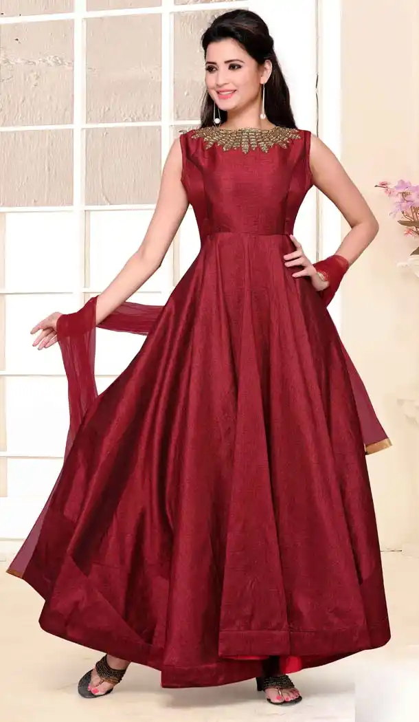 Maroon Color Raw Silk Embroidery Anarkali Style Readymade Dress | FH569184481