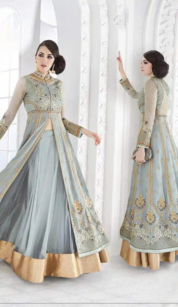 Grey Color Georgette Embroidery Work Pakistiani Style Designer Wear Lehenga Suit | FH569484513