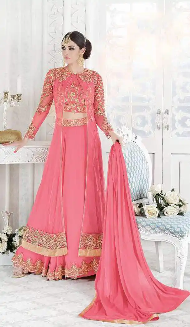 Salmon Color Georgette Pakistiani Style Designer Wear Lehenga Suit | FH569484514