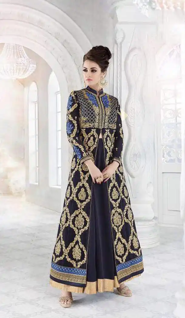 Navy Blue Color Georgette Pakistiani Style Designer Wear Lehenga Suit | FH569484517