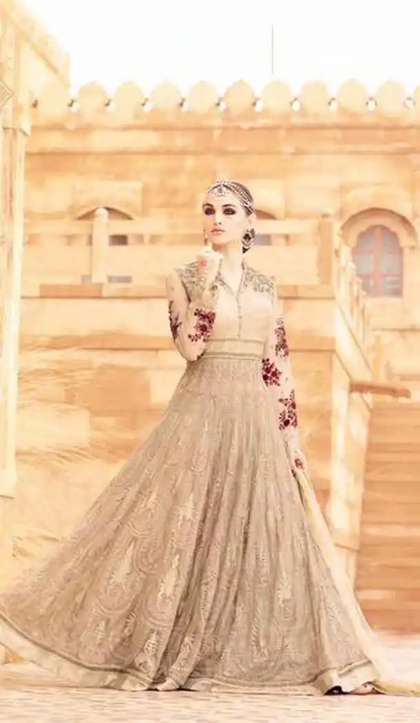 Pakistani Style Beige Color Net Long Anarkali Salwar Kameez | FH569784545