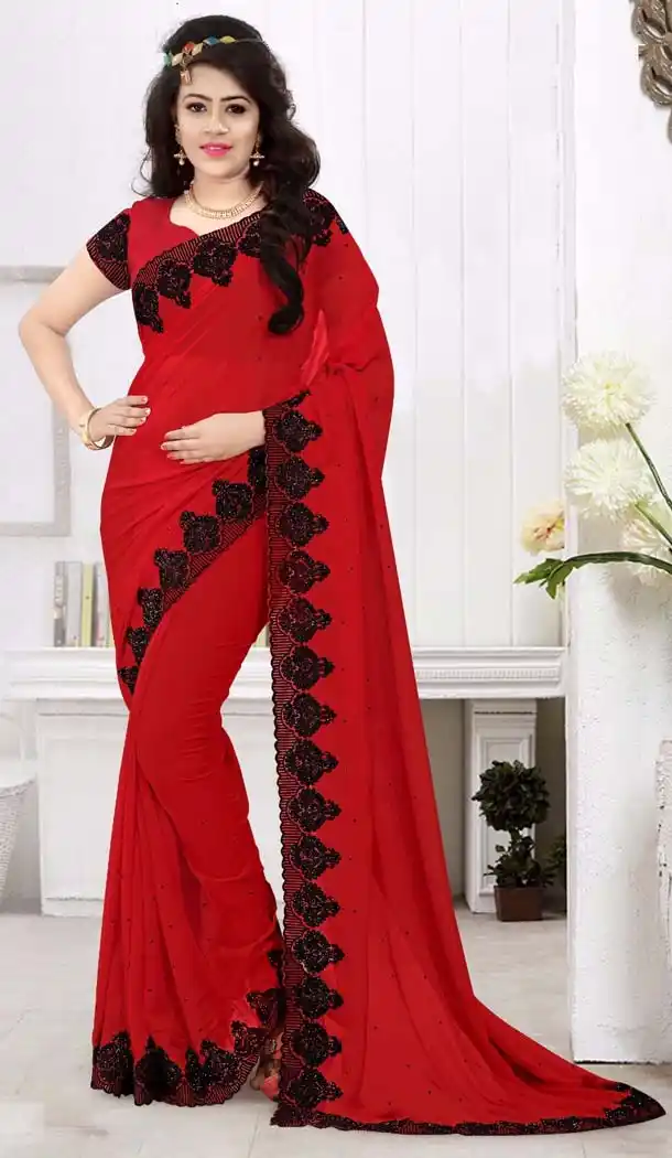 Red Color Georgette Lace Work Party Wear Style Saree Blouse | FH570084579