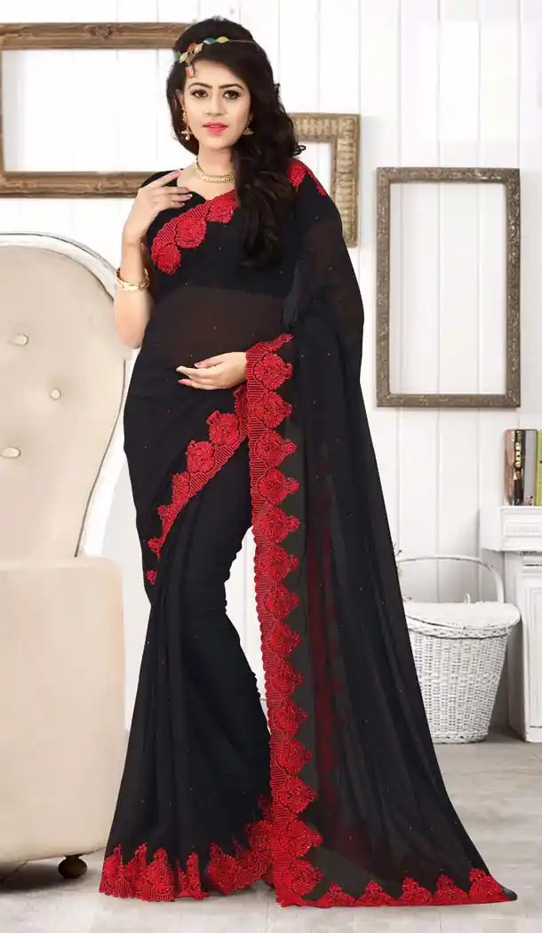 Black Color Georgette Lace Work Party Wear Style Saree Blouse | FH570084580