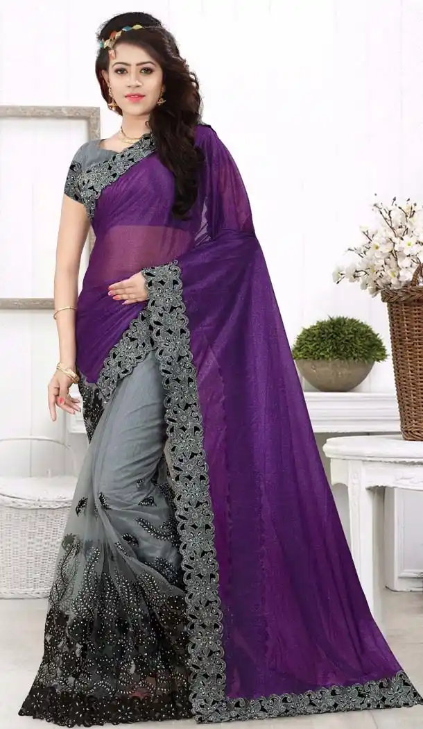 Purple Color Net Lace Work Party Wear Style Saree Blouse | FH570084582