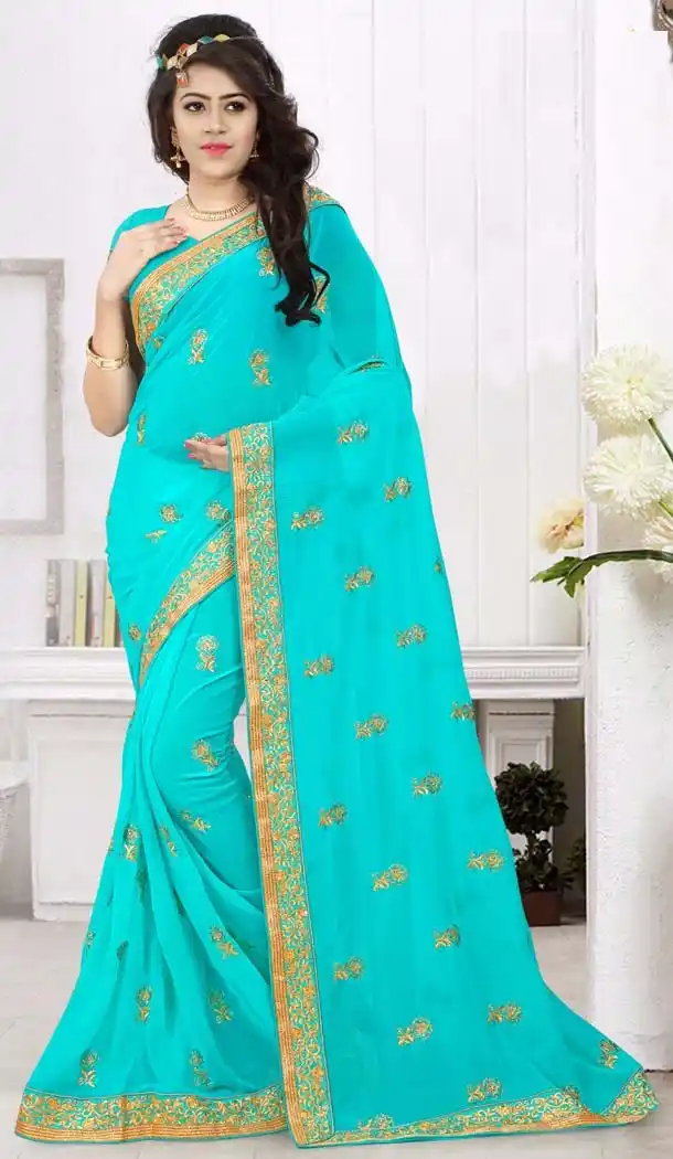 Turquoise Color Georgette Lace Work Party Wear Style Saree Blouse | FH570084583