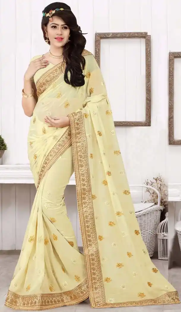 Beige Color Georgette Lace Work Party Wear Style Saree Blouse | FH570084584