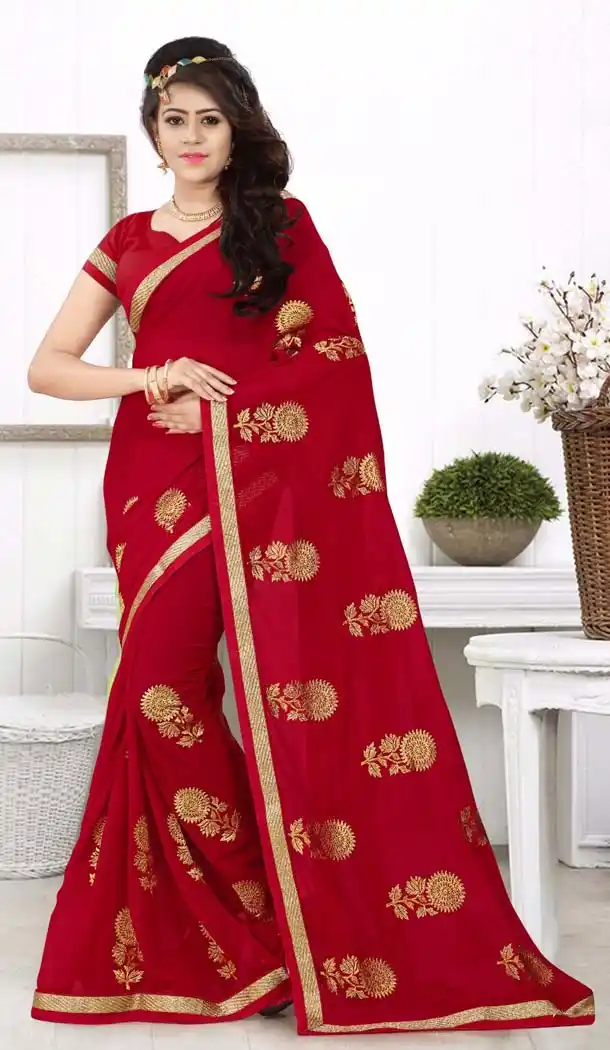 Red Color Georgette Lace Work Party Wear Style Saree Blouse | FH570084586