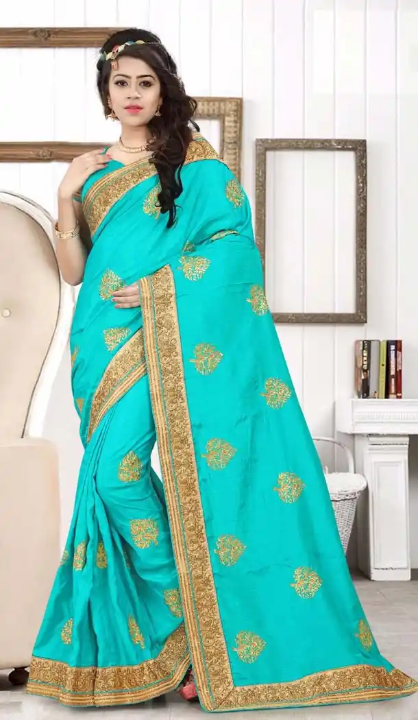 Turquoise Color Art Silk Lace Work Party Wear Style Saree Blouse | FH570084587