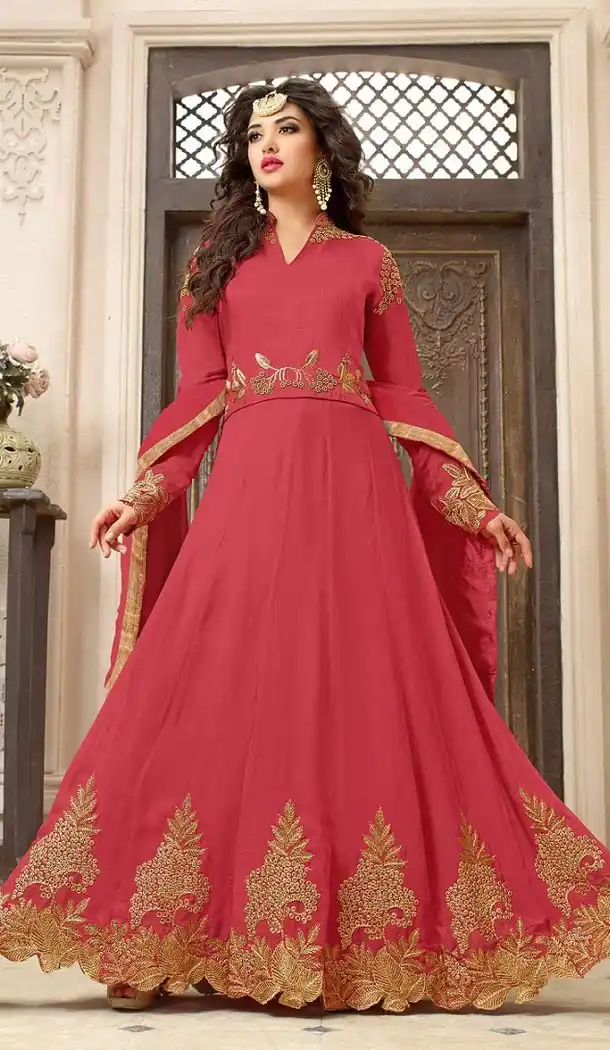 Salmon Color Georgette Embroidery Work Party Wear Salwar Kameez | FH570684642