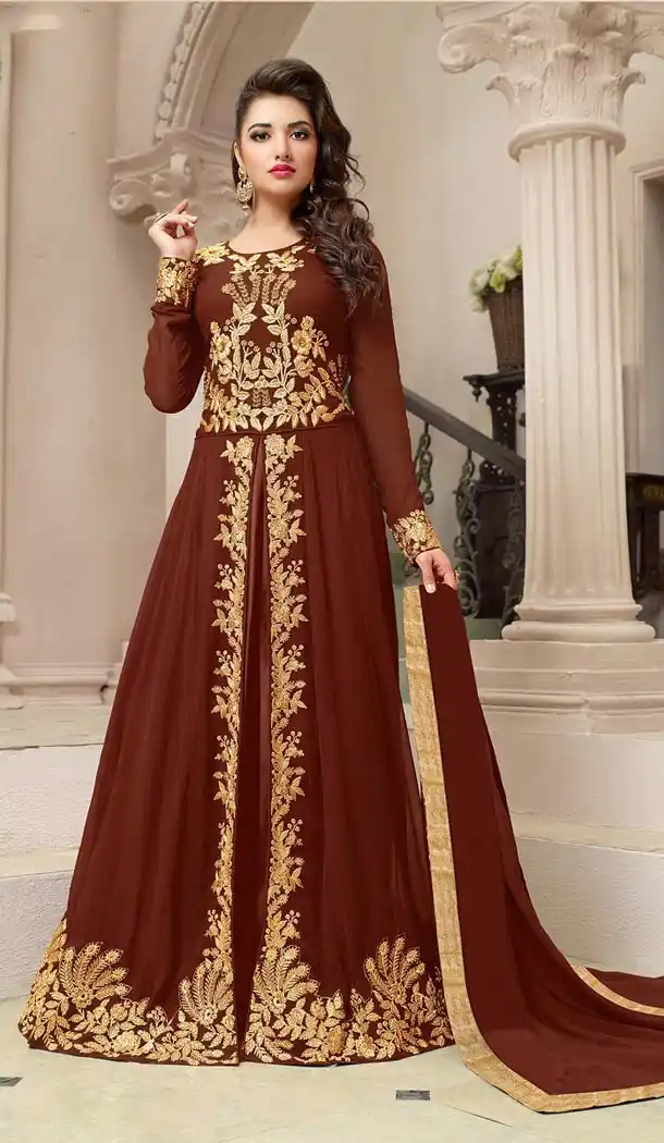 Brown Color Georgette Embroidery Work Party Wear Salwar Kameez | FH570684646