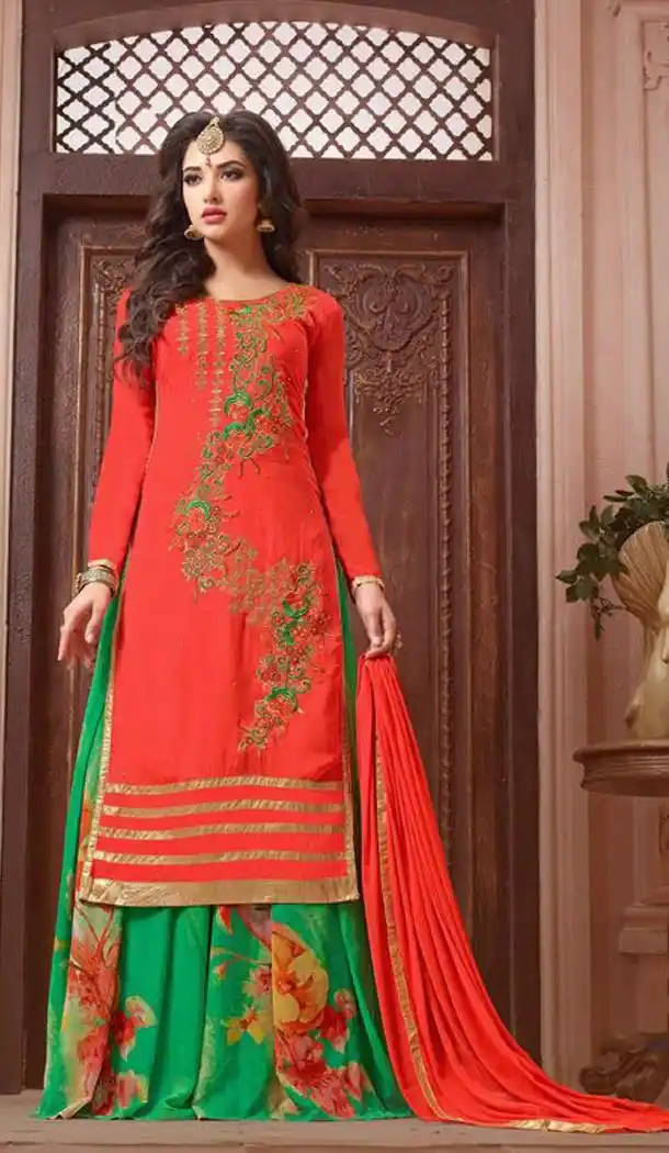 Red Color Georgette Straight Cut Casual Wear Sharara Suit | FH570984672