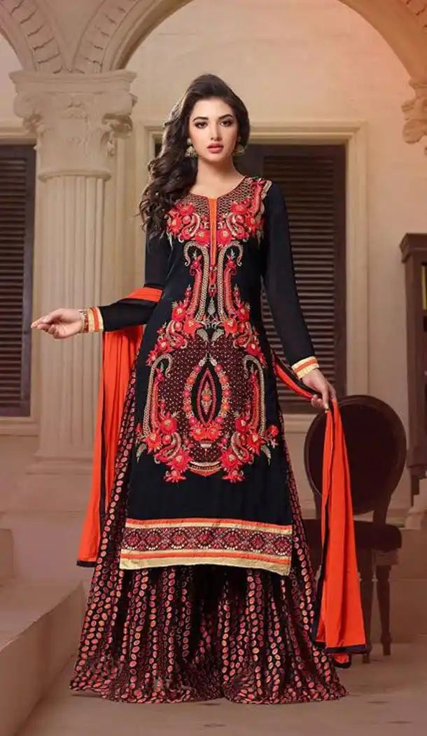 Black Color Georgette Straight Cut Casual Wear Sharara Suit | FH570984673