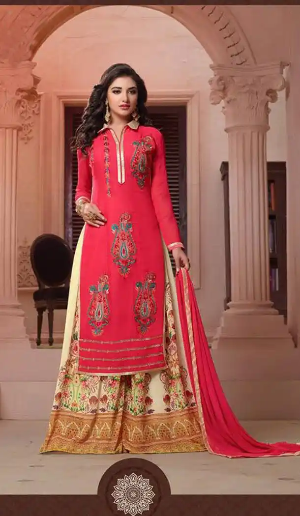 Deep Pink Color Georgette Straight Cut Casual Wear Sharara Suit | FH570984677