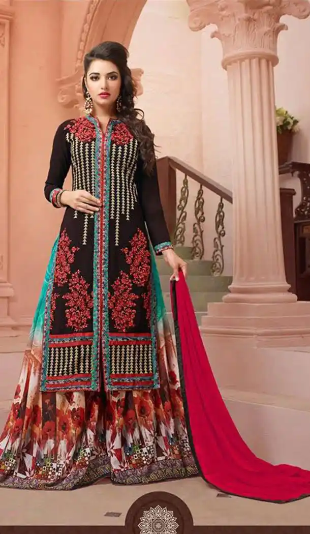 Black Color Georgette Straight Cut Casual Wear Sharara Suit | FH570984678