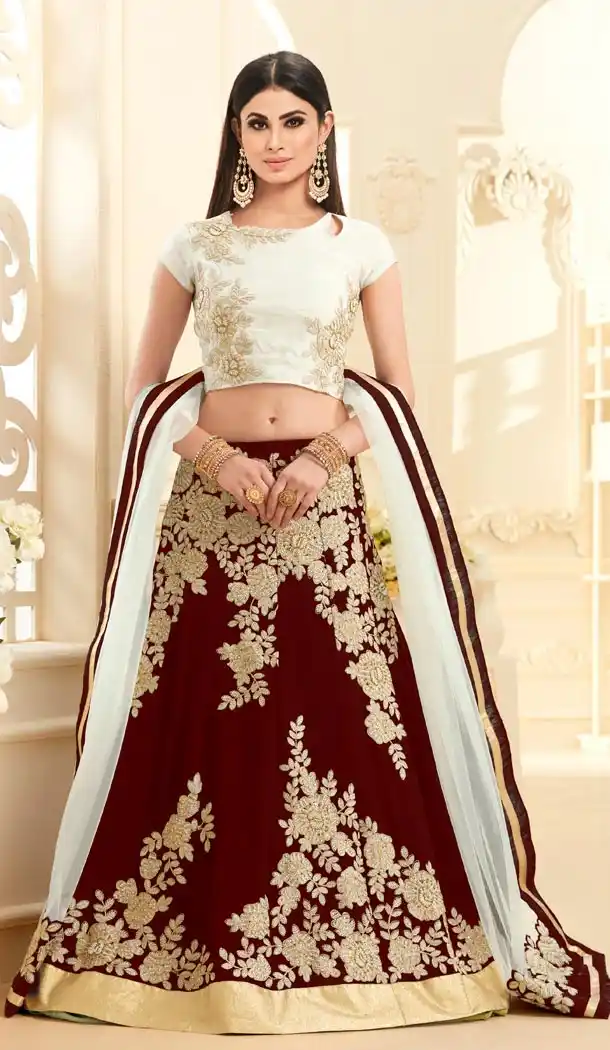 Tv Serial Actress Mouni Roy in Maroon Color Georgette Lehenga Choli | FH572484778