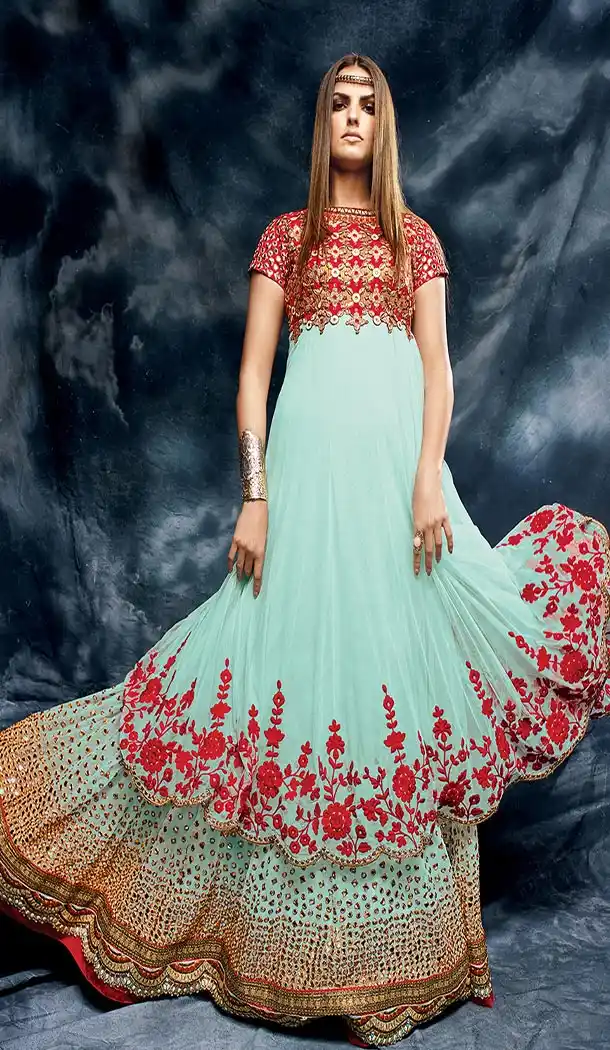 Pakistani Style Designer one Pcs Gown in Aloe Vera Green and Net | FH573084850