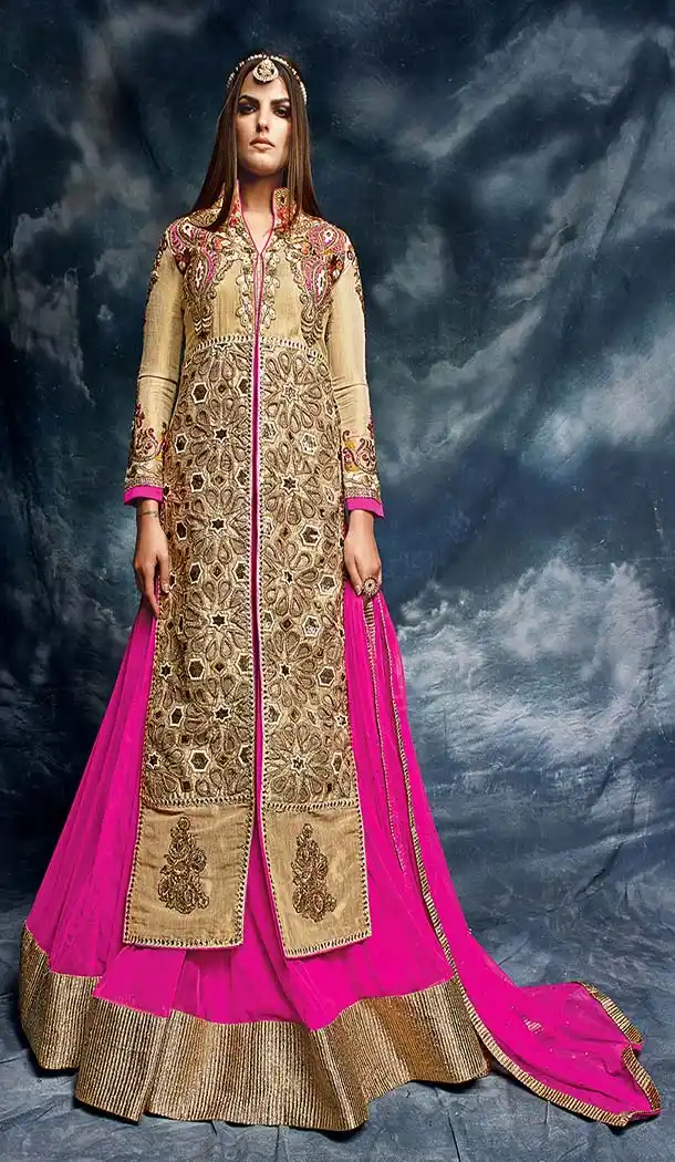 Pakistani Style Designer one Pcs Gown in Beige and Georgette Net | FH573084851
