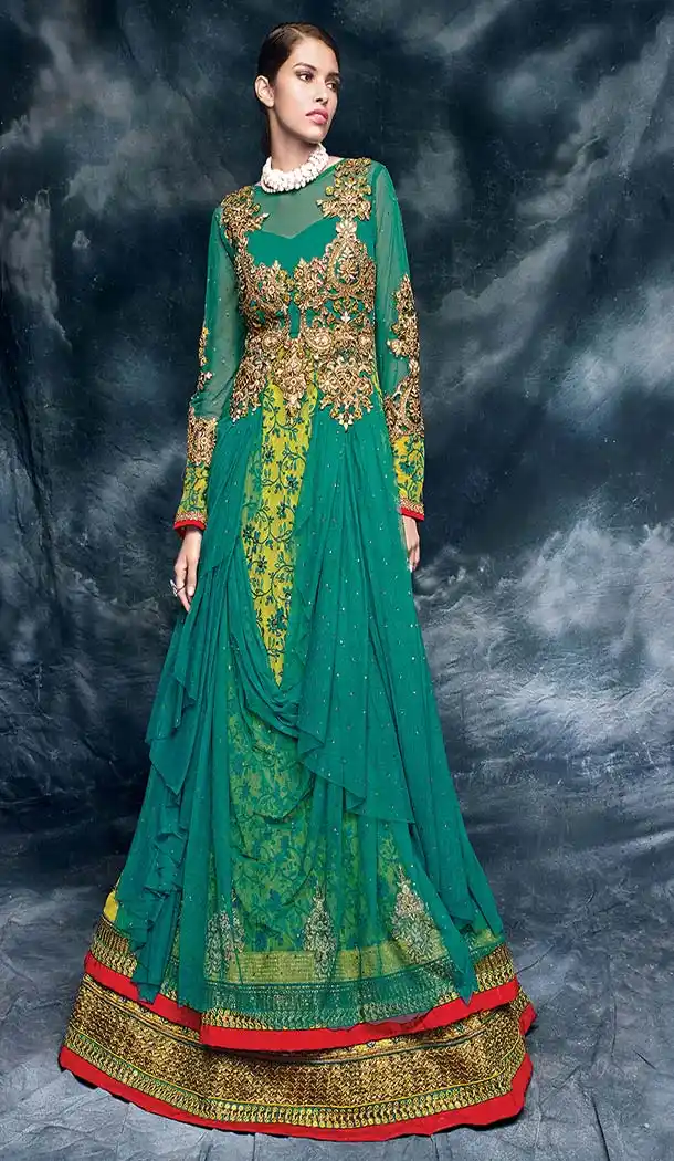 Pakistani Style Designer one Pcs Gown in Green and Net | FH573084852