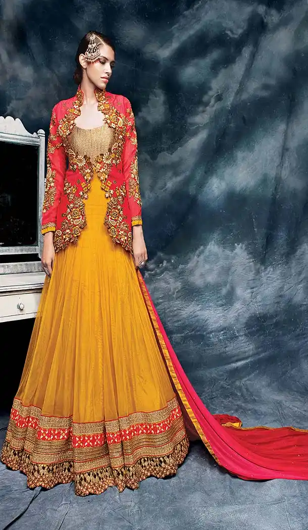 Pakistani Style Designer one Pcs Gown in Orange and Net | FH573084854