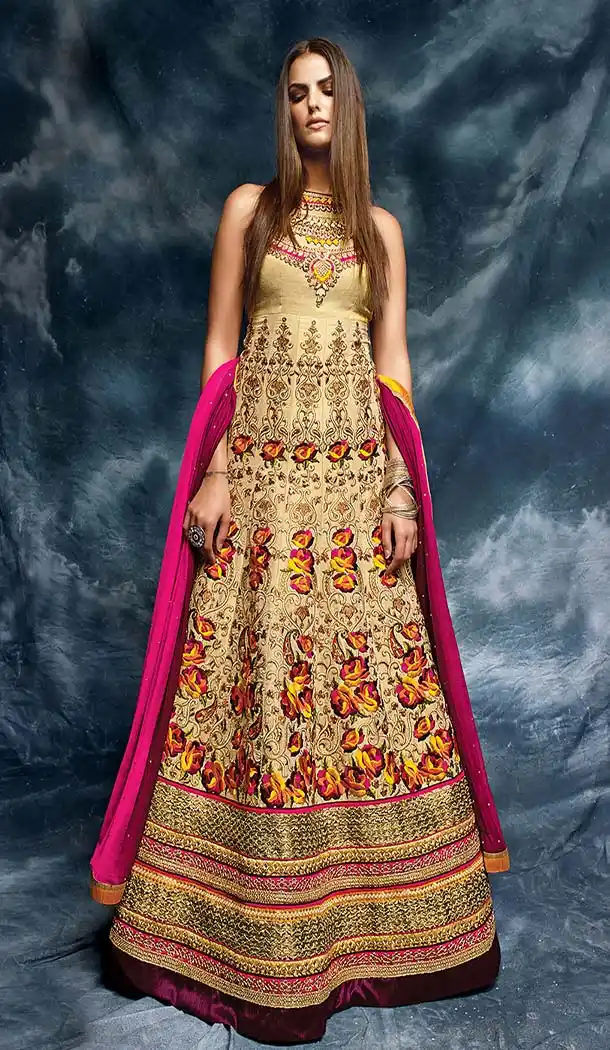 Pakistani Style Designer one Pcs Gown in Beige and Silk | FH573084855