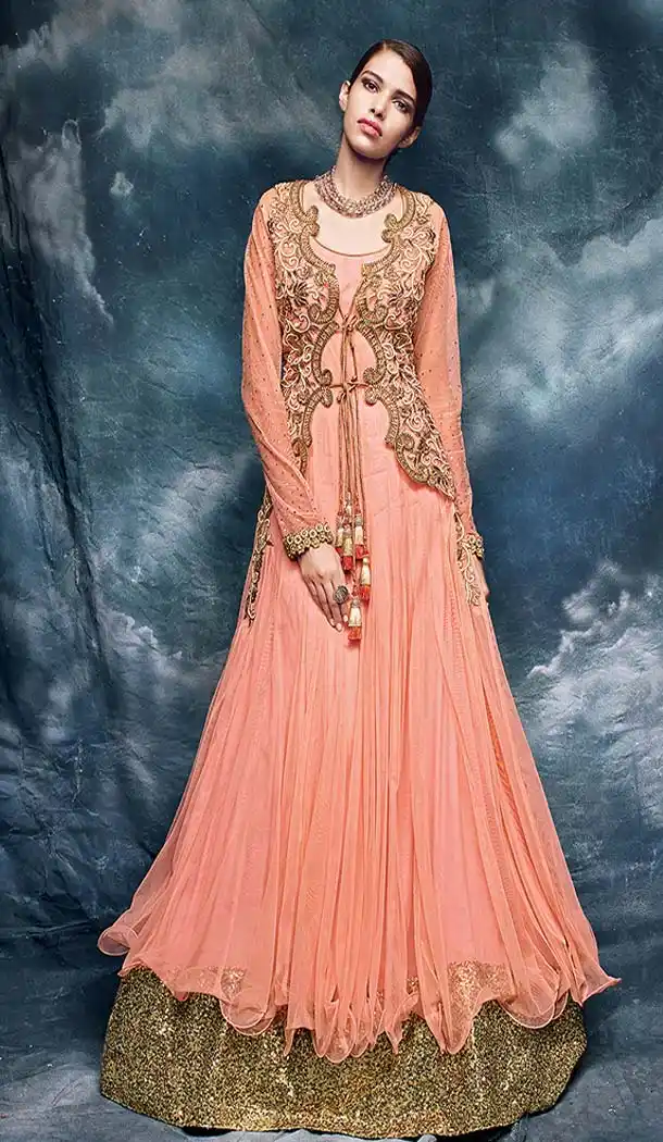Pakistani Style Designer one Pcs Gown in Salmon and Net | FH573084856